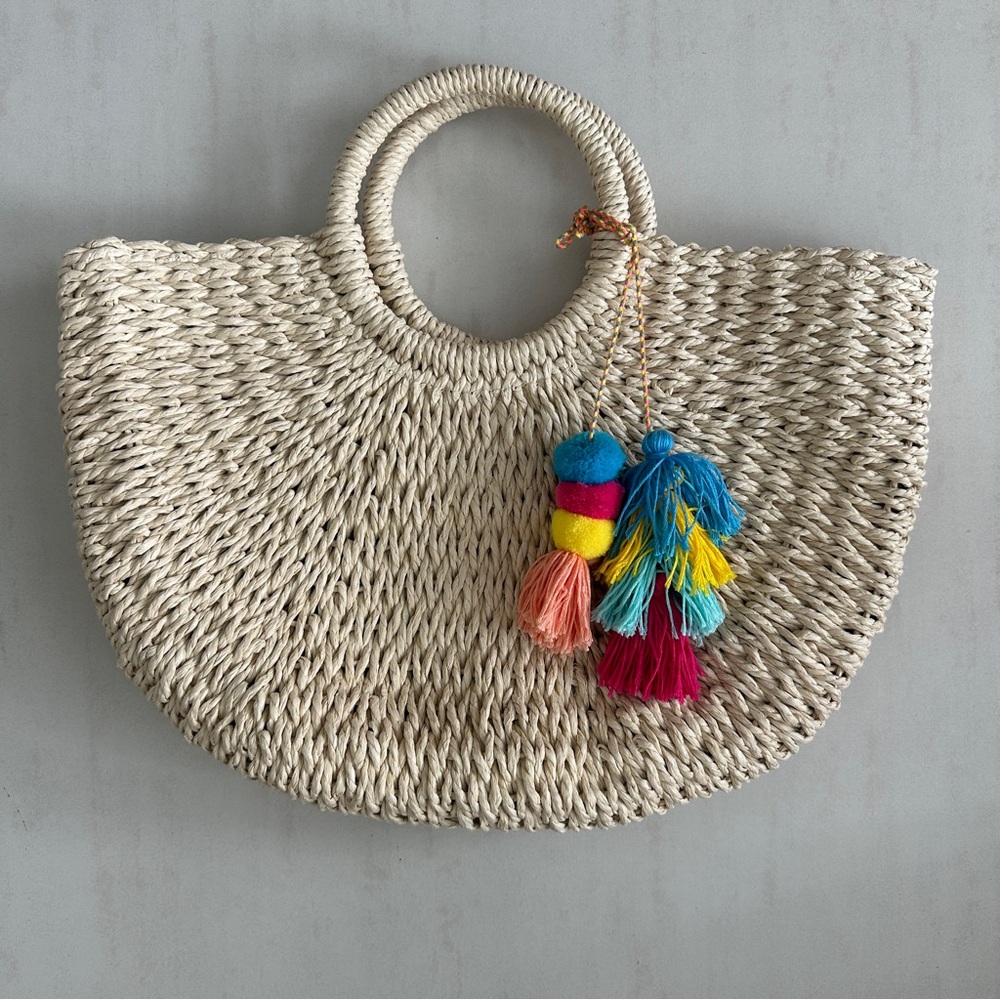 Beige Woven Tote Bag with Colorful Tassels